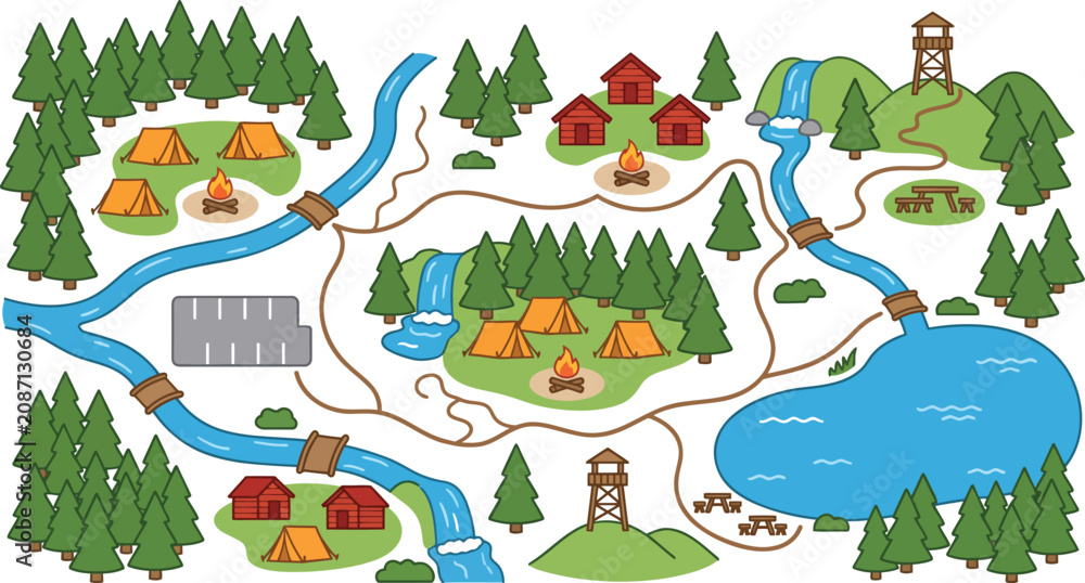 Obraz premium Camping Park Map Flat Vector Illustration with Cabins and Tents