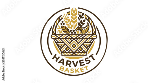 Circular logo design featuring a harvest basket with wheat and cornucopia elements.