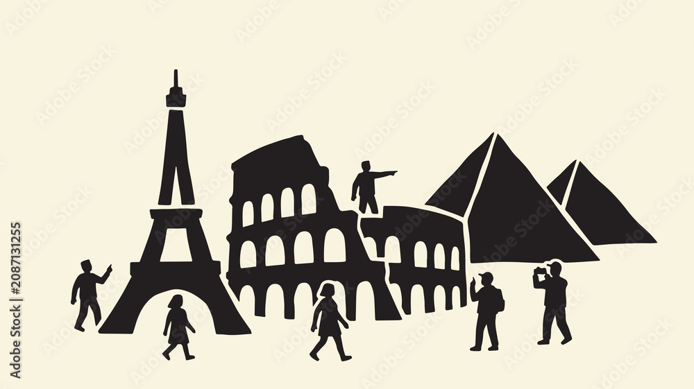 Naklejka premium Travelers visiting famous historical monuments including eiffel tower colosseum pyramids.