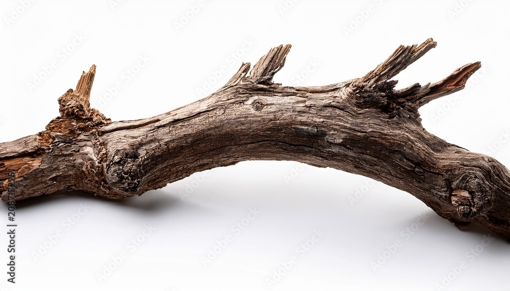 Fototapeta premium broken tree branch with rustic bark and driftwood texture isolated on white background