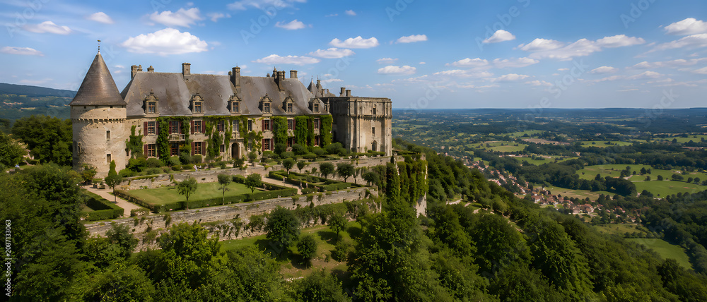Obraz premium Medieval stone castle overlooking a green French countryside valley