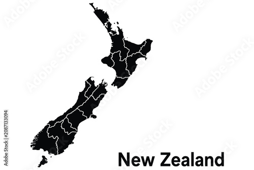 Quadro su tela Black silhouette map of new zealand islands with regional boundaries silhouette