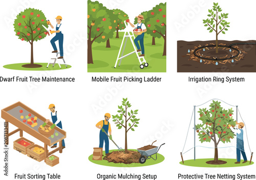 Obraz na plátně Vector Illustration Set of Commercial Fruit Orchard Management Harvesting Equipm