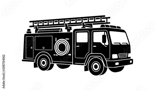 Fotografía Modern Flat Fire Engine Silhouette Vector Icon with Ladder and Hose Equipment fo