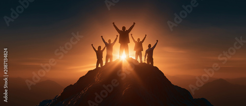 Summit of Success: Silhouetted figures stand with raised arms atop a rugged mountain peak, silhouetted against a dramatic sunset, symbolizing achievement, teamwork, and the pinnacle of success.