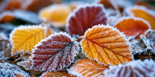 Macro texture of autumn leaves covered in beautiful first frost crystals seasonal change beauty.
