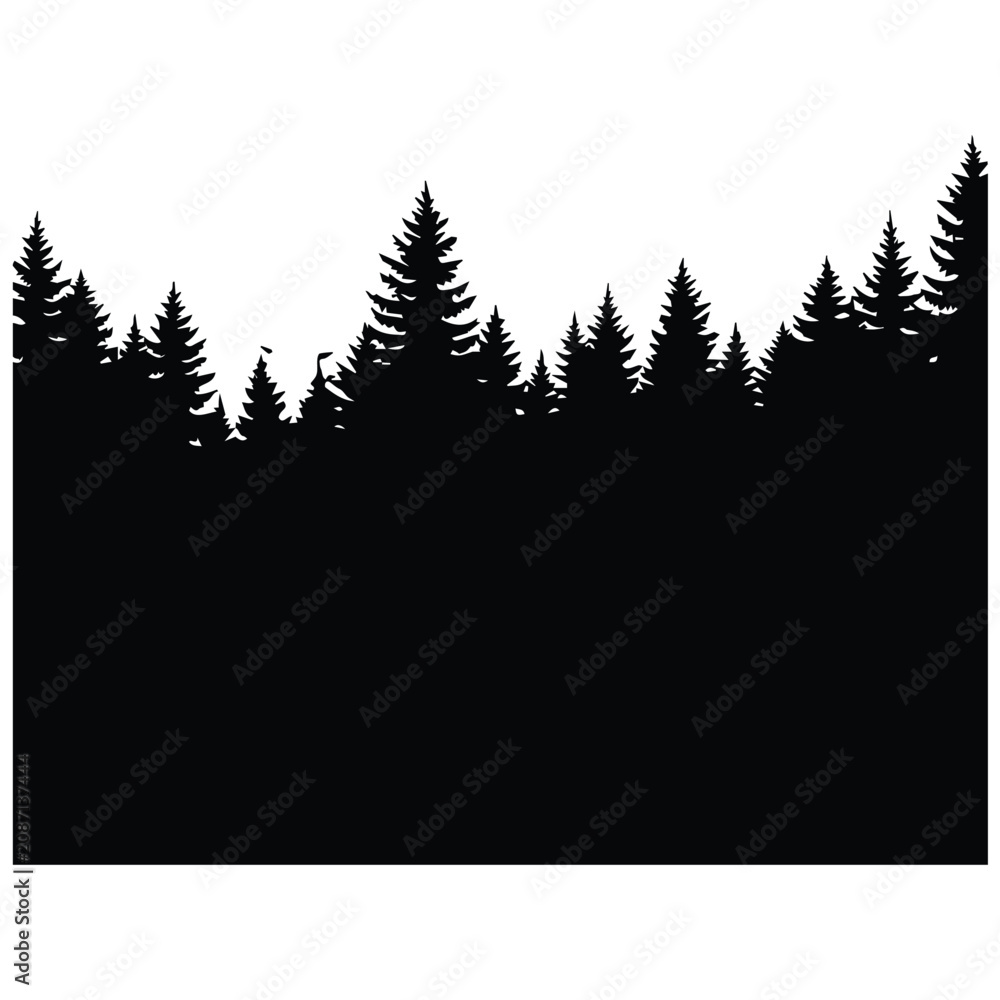 Obraz premium Dense pine forest vector silhouette illustration and line art with natural tree shadows.