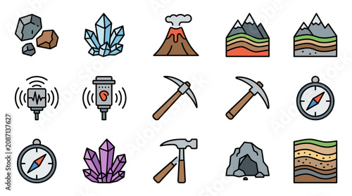 Cuadro en lienzo Sleek Collection of Minimalist Geology and Mining Exploration Icons with Vibrant