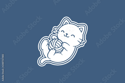 Cute white cartoon kitten playing with a soft yarn ball in a simple minimalist vector style on a blue background