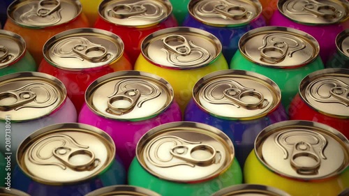Colorful aluminum cans of beer or soda background. Beer, carbonated water, cola, energy drinks cans.