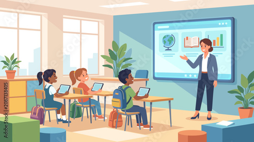 Modern classroom illustration: teacher presenting to engaged students with a large interactive screen in a bright, collaborative learning environment