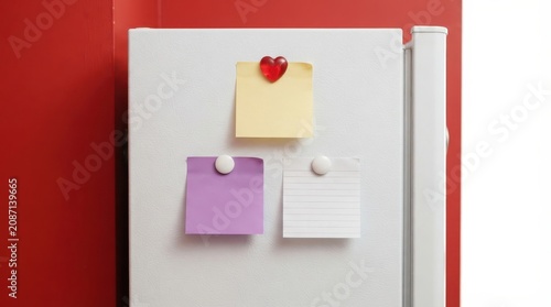 Three blank sticky notes on a white refrigerator door against a red wall