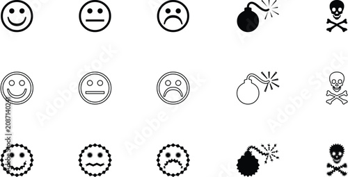 Slika na platnu Minimalist emoticon and danger symbol icon set featuring expressions, bomb, and
