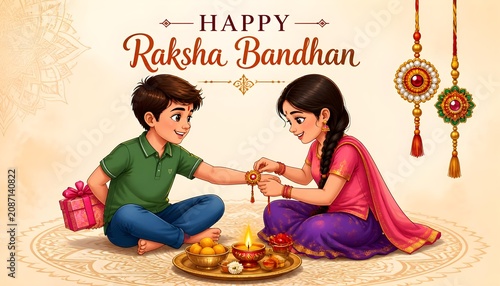 Raksha Bandhan, Sister is tying Rakhi on her brother's wrist, Rakhi celebration in india, Cute little sister and brother with beautiful background, Rakhi Festival colorful Background and Character.