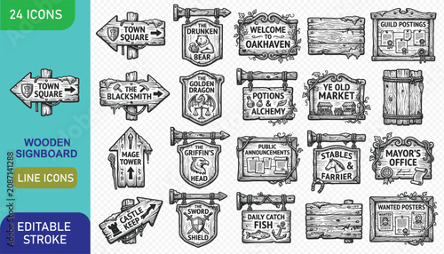 Canvastavla Collection of medieval fantasy wooden signs and notice boards for game UI design