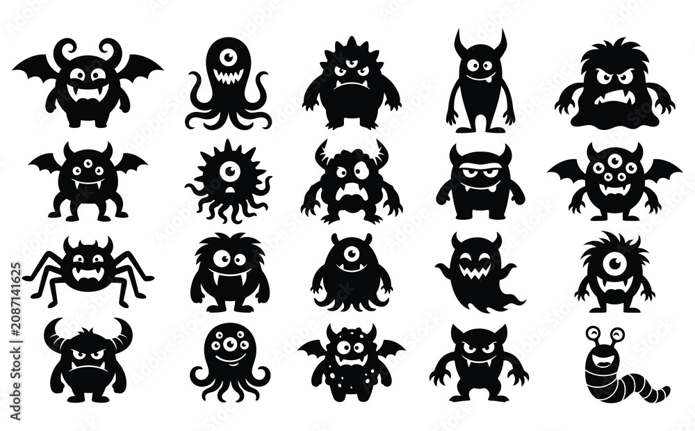 Obraz premium Collection of 18 unique black silhouette monster icons