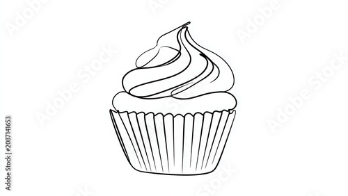 Cupcake line art illustration on white background.