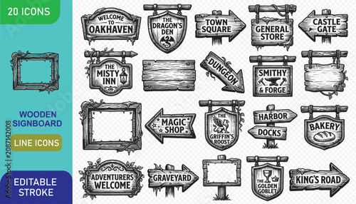 Fotografía Set of twenty fantasy wooden signboards and medieval directional arrows for game