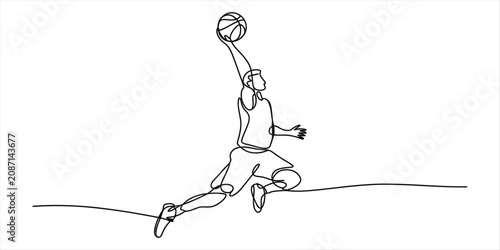 Photos Continuous single line drawing of a basketball player jumping and dunking a bask