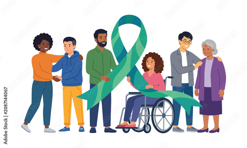 Obraz premium Mental health awareness diverse group supporting each other with ribbon symbol