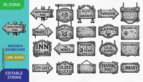 Tableau sur toile Detailed fantasy wooden signboard icons for RPG games with hand drawn rustic lin
