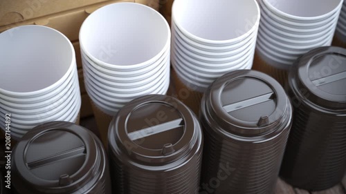 Row of Coffee paper plastic cups on wooden table in a fast food restaurant, 3d animation
