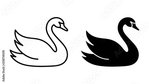 Fotografie Black and White Swan Icons: A graphic illustration showcasing two stylized swans, one depicted as a black silhouette and the other as a white outline, representing contrast and elegance