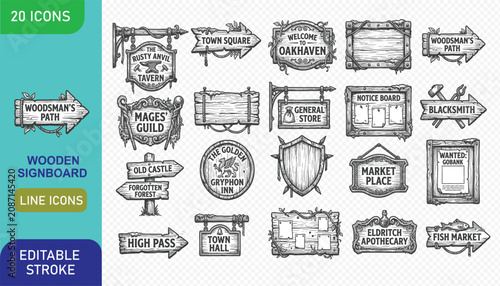 Foto Set of 20 fantasy wooden signboard and signpost icons for medieval rpg game worl