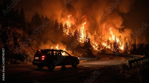 A dark suv vehicle drives along a winding mountain road at night while a massive forest fire rages intensely in the background with bright orange flames