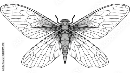 Detailed cicada illustration on white background.