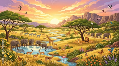 vibrant savannah landscape, african wildlife scene, sunset over grasslands, serene nature background