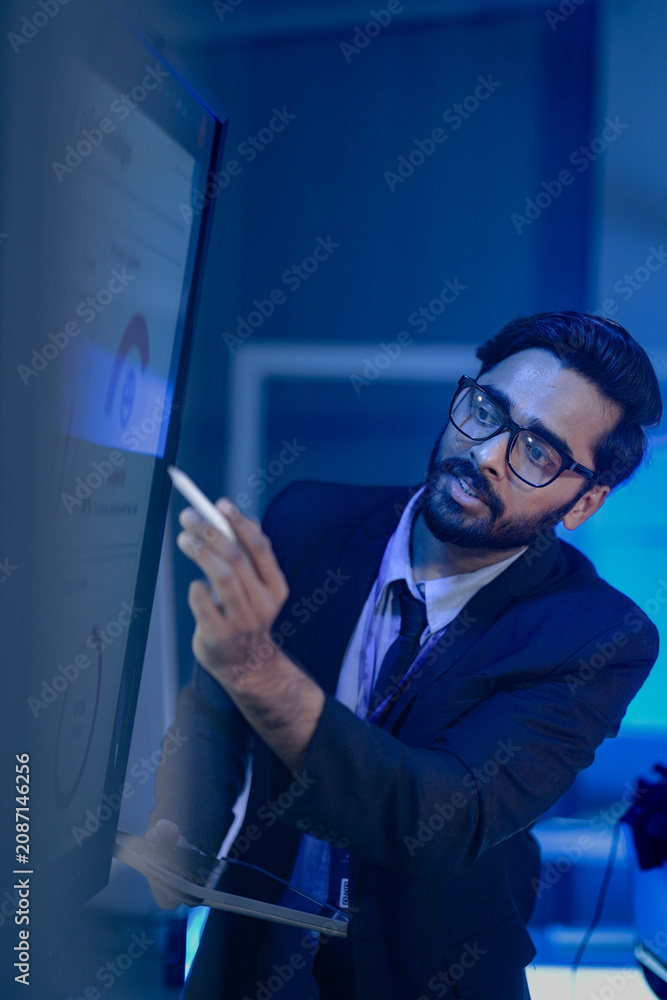 Fototapeta premium Future command center leader leverages AI predictive insights project dashboard guides team augmented decisions optimize resources achieve strategic goals faster now build next generation tech flow.