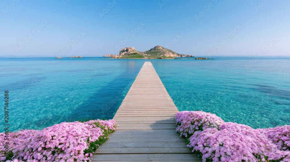 Fototapeta premium Coastal Paradise: A picturesque wooden walkway leads towards a distant island, flanked by vibrant pink blossoms under a clear blue sky, inviting viewers to a serene seaside escape.