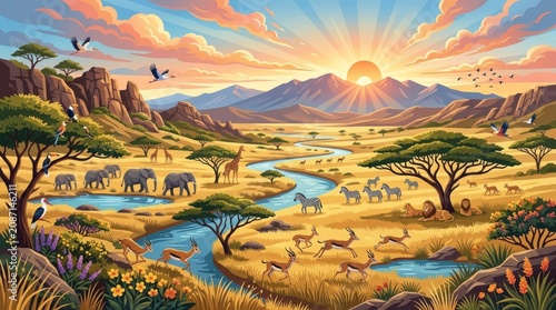 Vibrant savannah landscape, African wildlife scene, sunset over mountains, serene natural beauty