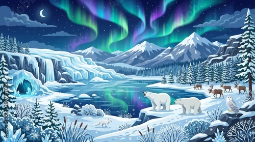 Aurora borealis, polar bears, snowy landscape, winter wonderland, frozen mountains
