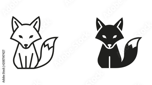 Fotografie Fox Icon Duo: A minimalist set of two fox icons, one outlined in black and white, the other a solid black silhouette, representing a cunning and clever woodland creature