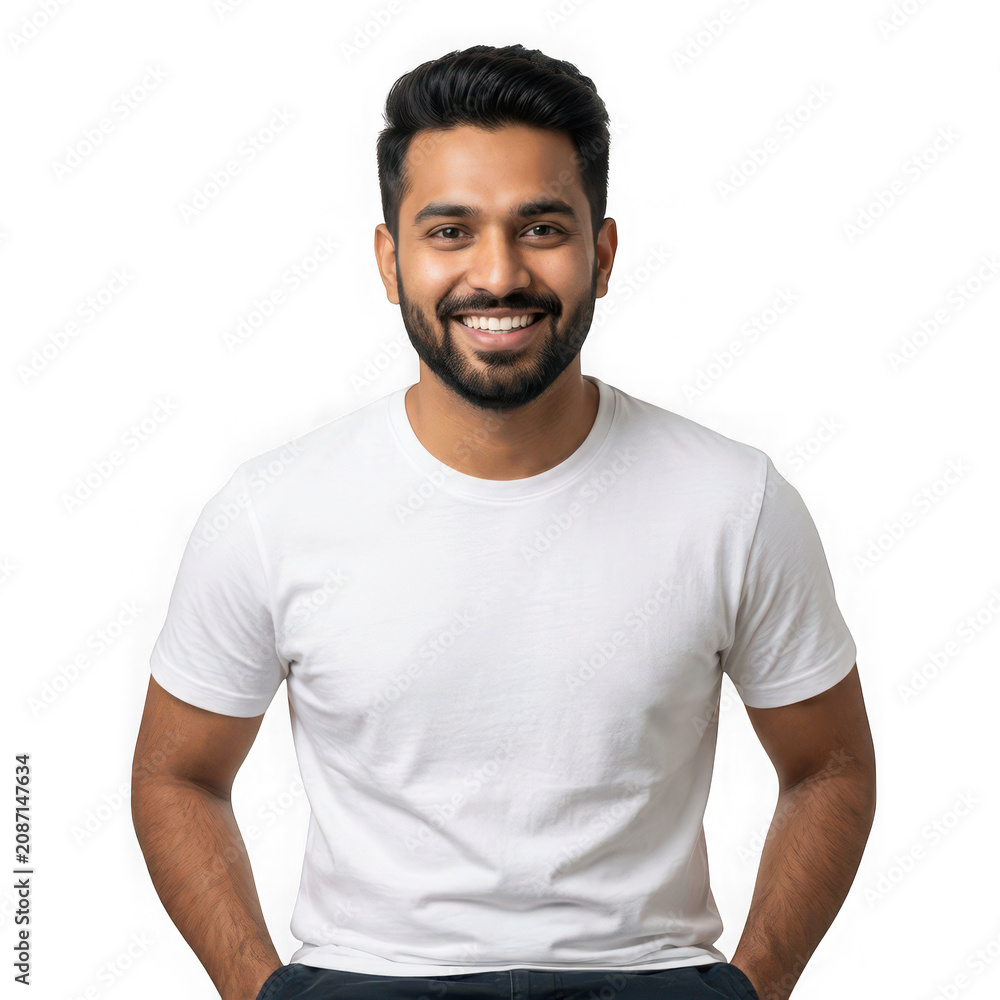 Obraz premium Happy young man with beard wearing a white t-shirt smiling at camera