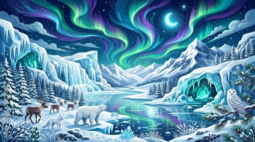 Aurora borealis, winter landscape, snowy mountains, polar animals