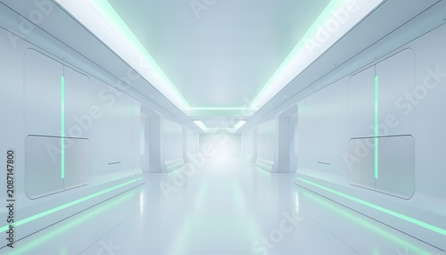 Futuristic white corridor extending with green neon lights