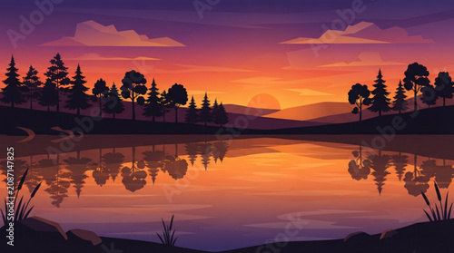Serene sunset landscape featuring silhouetted pine trees reflected upon a calm lake surface under a vibrant purple and orange gradient evening sky
