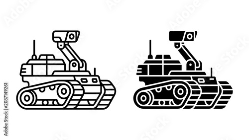 Фотография Robot Vector Icon: Two stylized vector illustrations of a robotic vehicle on tracks, featuring an articulated arm with a camera, symbolizing automation and technology