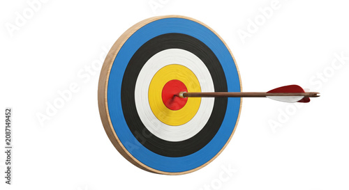 Schilderij op canvas Arrow hitting the bullseye on a colorful archery target board