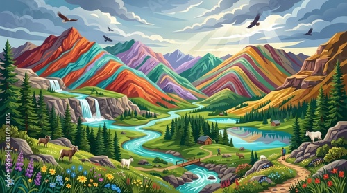Vibrant mountain landscape, colorful hills, river valley, waterfall scene, nature background