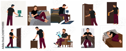 Flat vector illustration set of a man's daily routine from waking up and reading to sleeping and using a smartphone in bed