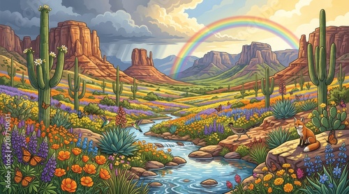 Desert landscape, rainbow, cactus, wildflowers, scenic valley