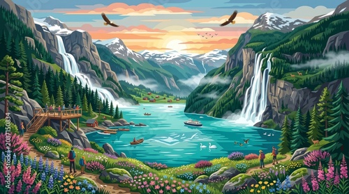 vibrant mountain landscape, serene lake scene, colorful floral meadow, majestic waterfall