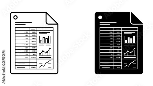 Foto Financial Report Icons: Clean, modern icons representing a financial report, complete with charts, graphs, and numerical data, offered in both line art and silhouette formats for versatile use