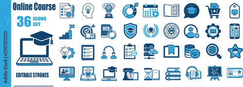 Bild auf Leinwand Online Course Duotone Line Icon Set - Flat Vector E-Learning Platform Symbols, D