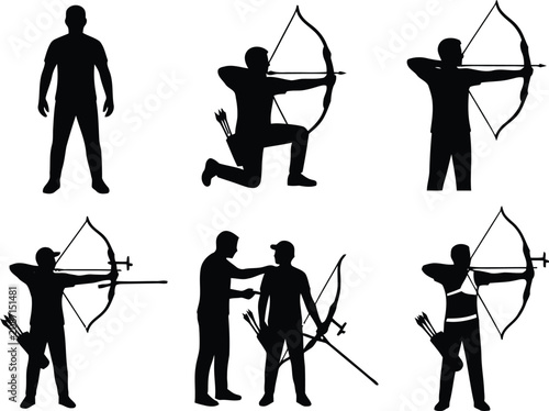 Εκτύπωση καμβά Archery training silhouette vector set featuring bow and arrow practice coaching
