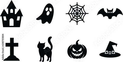 Halloween icons set including spooky symbols and creatures